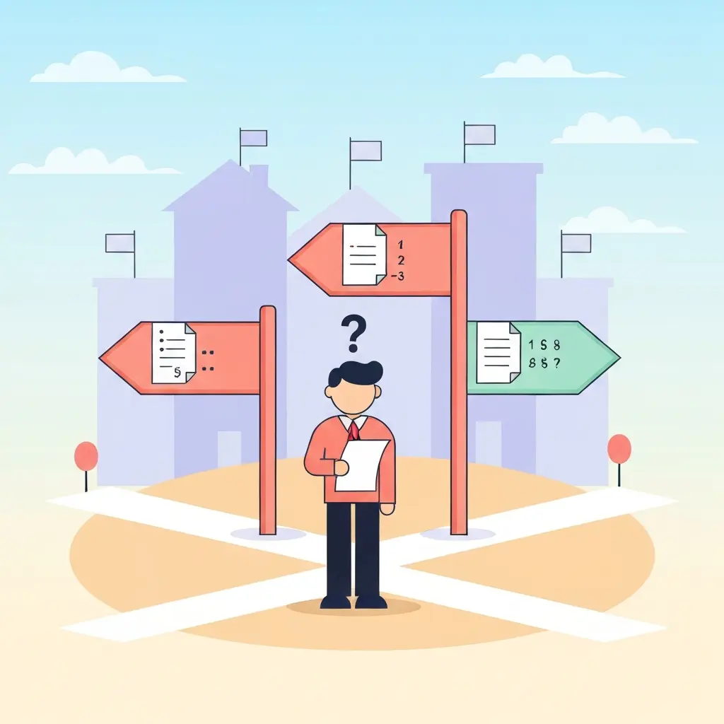 Ilustración de un estudiante confundido frente a tres carteles con diferentes formatos de citación, representando la fragmentación de normas APA entre universidades españolas