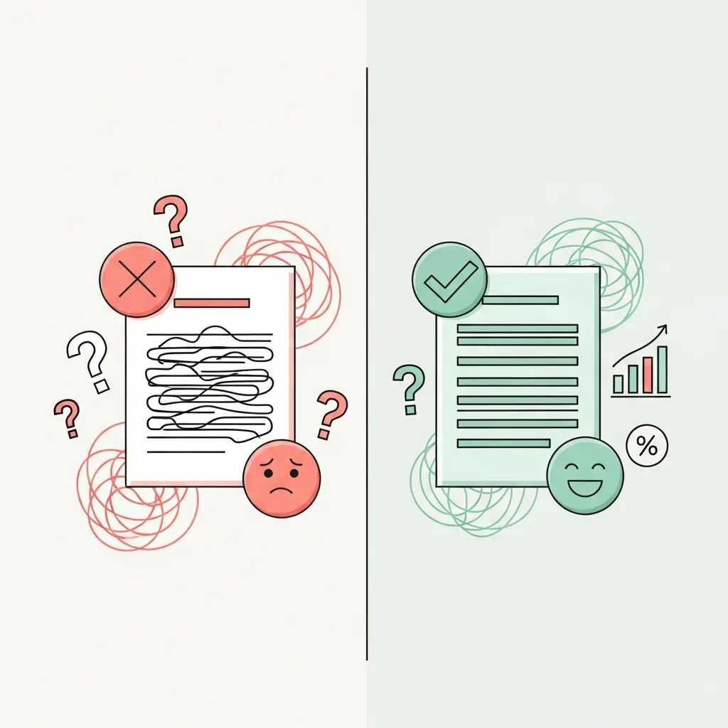 Comparación visual entre un resumen mal redactado (vago y desorganizado) y uno bien estructurado (claro y con datos específicos)