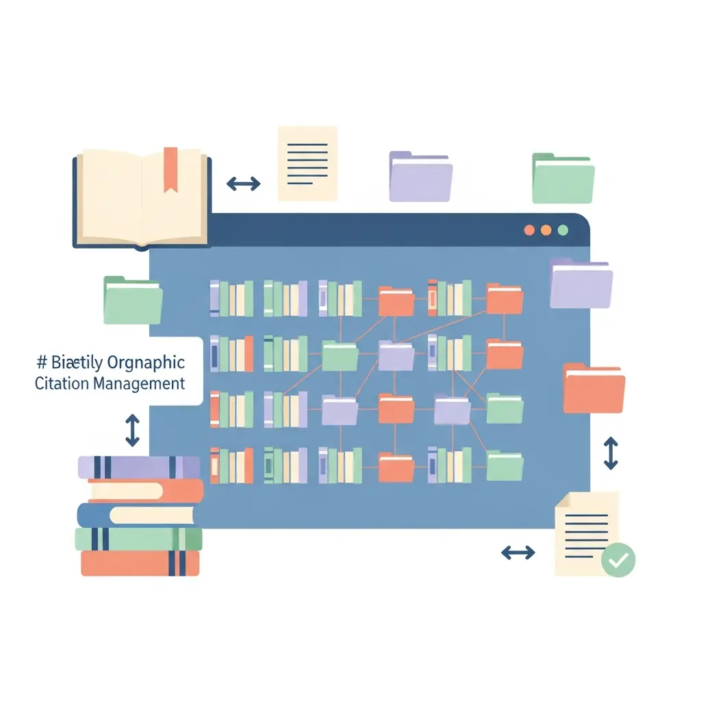 Ilustración de organización bibliográfica y gestión de citas con herramientas digitales para trabajo académico