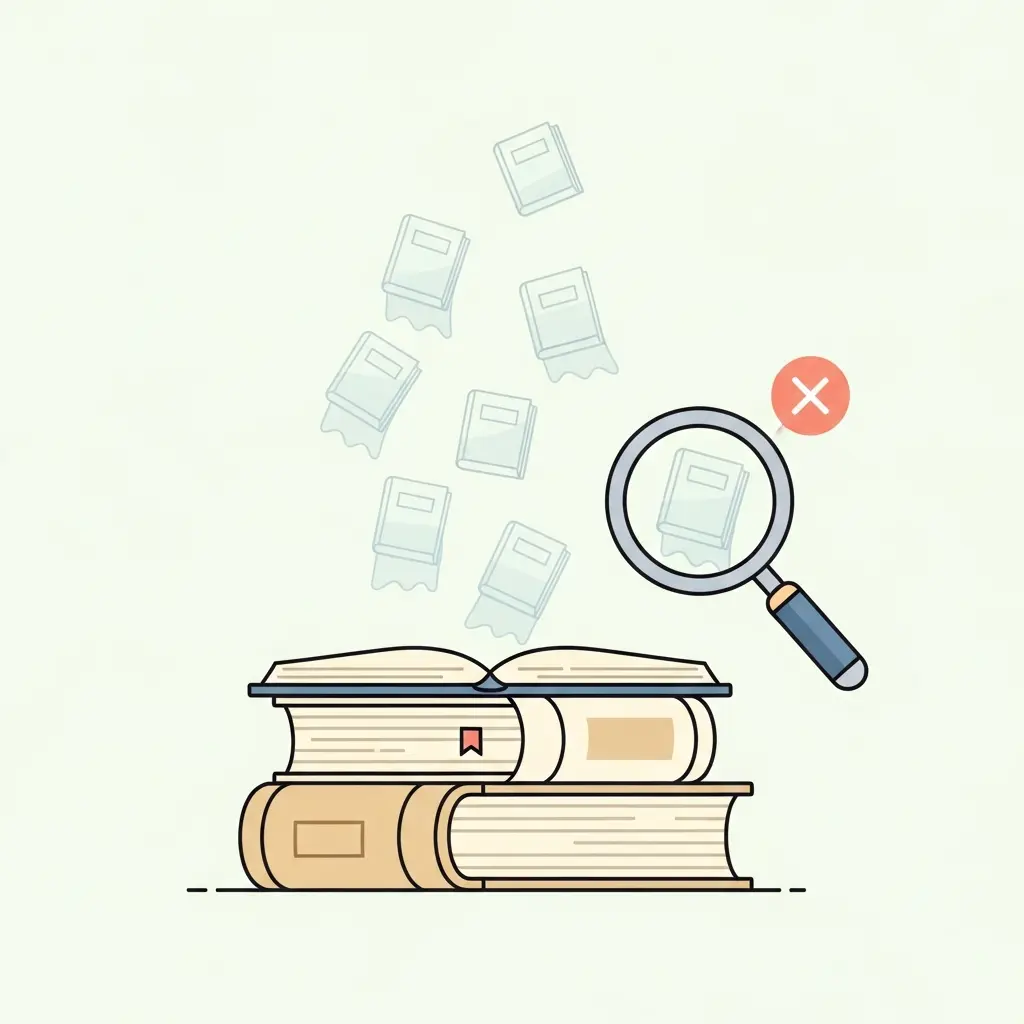 Pila de libros con iconos fantasma de libros que se desvanecen hacia arriba, representando referencias bibliográficas falsas o inexistentes
