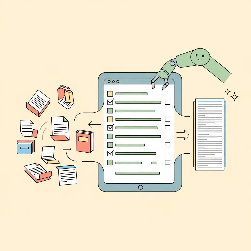 Ilustración del proceso de gestión bibliográfica automatizada, mostrando documentos que fluyen hacia una pantalla y se organizan automáticamente