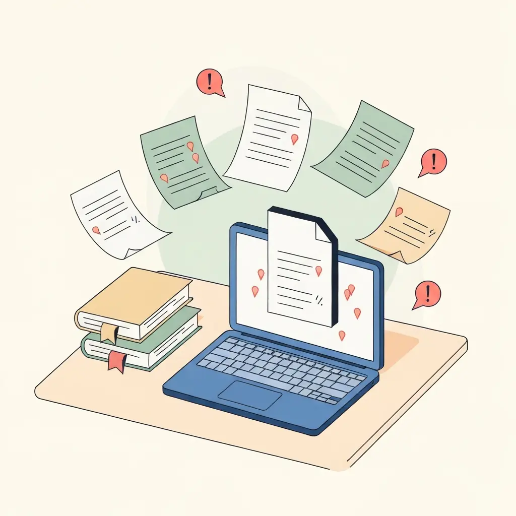 Ilustración del caos típico en la gestión de referencias bibliográficas: documentos dispersos, marcadores de citas desordenados y señales de alerta sobre un escritorio académico