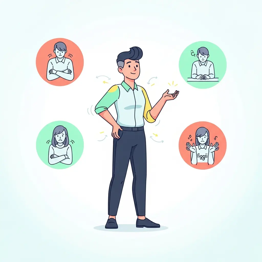 Ilustración de lenguaje corporal positivo versus negativo durante una presentación académica