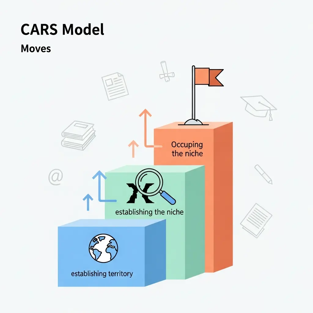 Modelo CARS: tres pasos ascendentes que representan establecer territorio, identificar el nicho y ocupar el nicho en la escritura académica