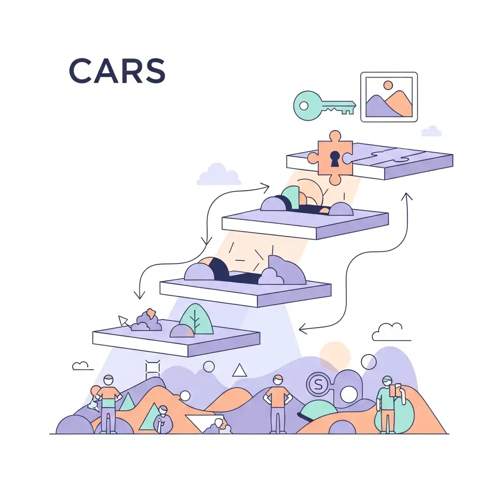 Representación visual del modelo CARS con tres movimientos: establecer territorio, establecer nicho y ocupar el nicho