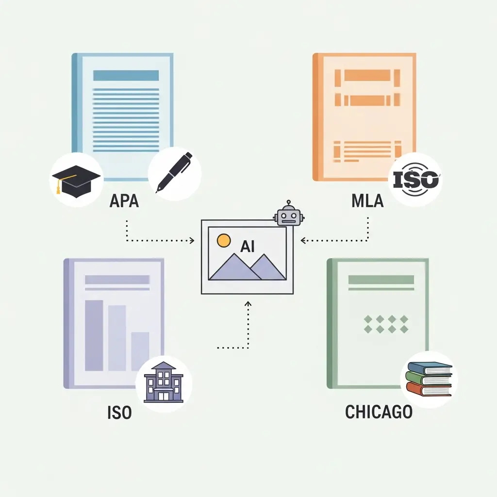 Cuatro estilos de citación académica (APA, MLA, ISO, Chicago) representados como documentos conectados a una imagen de IA, mostrando las diferentes formas de citar el mismo contenido