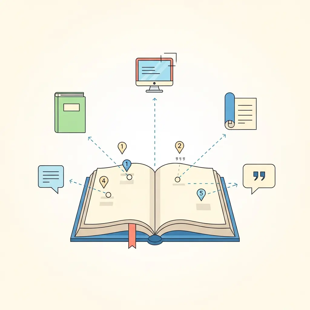 Ilustración mostrando cómo las citas conectan con sus fuentes originales