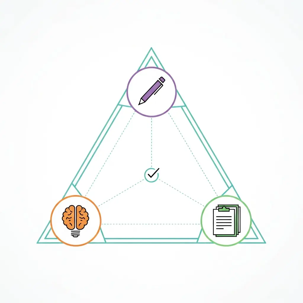 Triángulo con tres vértices representando estilo, conocimiento y proceso, conectados entre sí con un símbolo de verificación en el centro