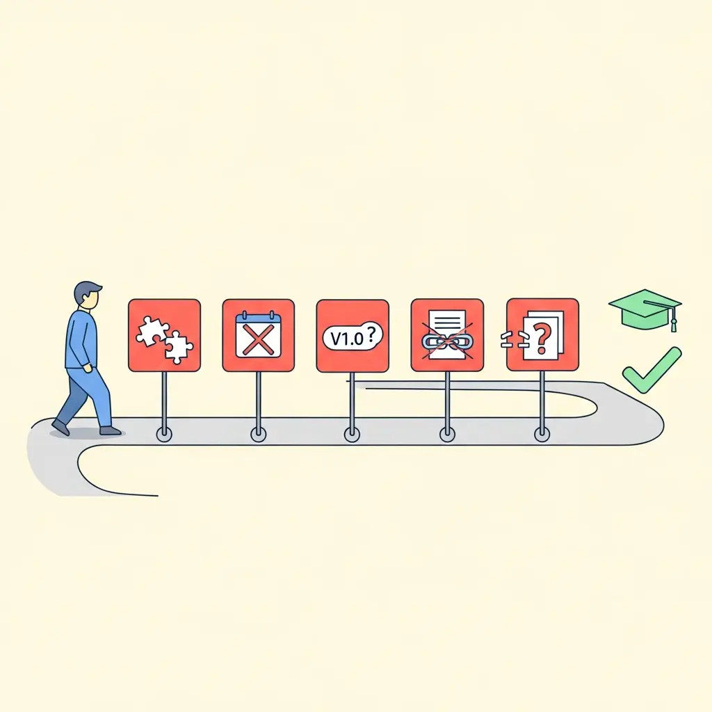 Ilustración de un camino con señales de advertencia representando los errores más comunes al citar inteligencia artificial en trabajos académicos