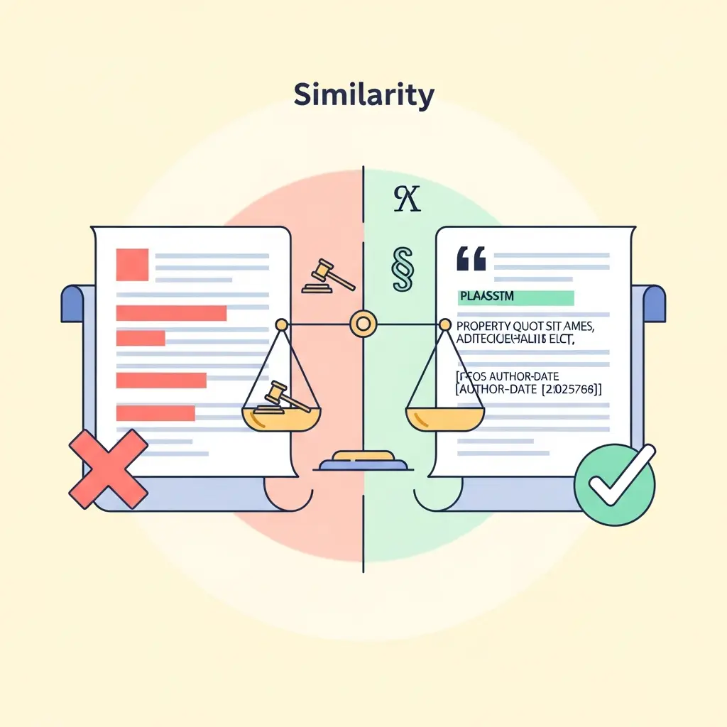 Comparación visual entre plagio (texto sin atribución) y similitud legítima (cita correctamente referenciada) en contexto jurídico