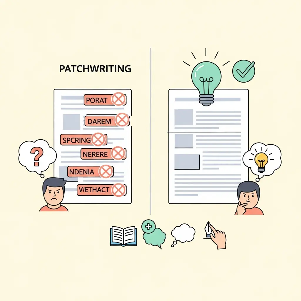 Comparación visual entre patchwriting incorrecto y parafraseo correcto