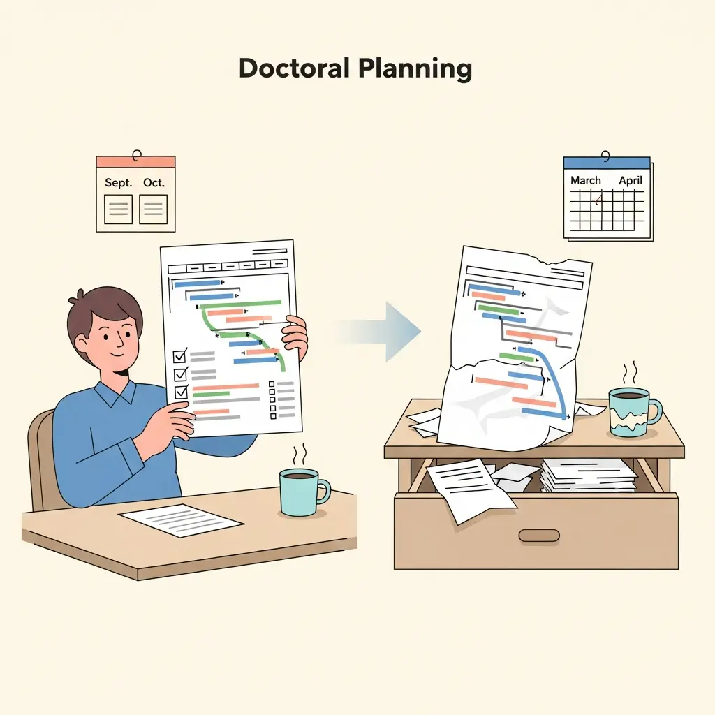 Ilustración mostrando la transformación de un cronograma perfecto a un papel arrugado olvidado en un cajón