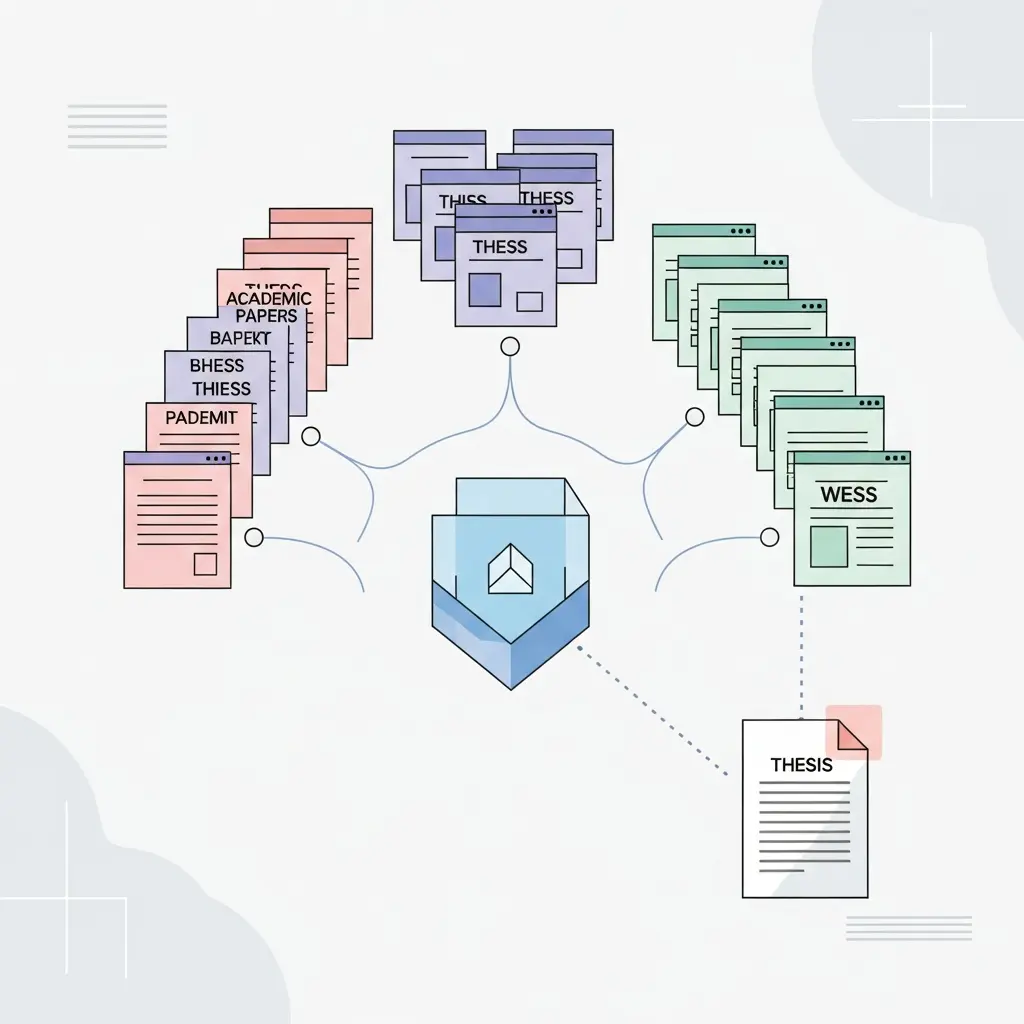 Ilustración que muestra cómo funcionan las bases de datos de detección de plagio, conectando documentos académicos con el servidor central