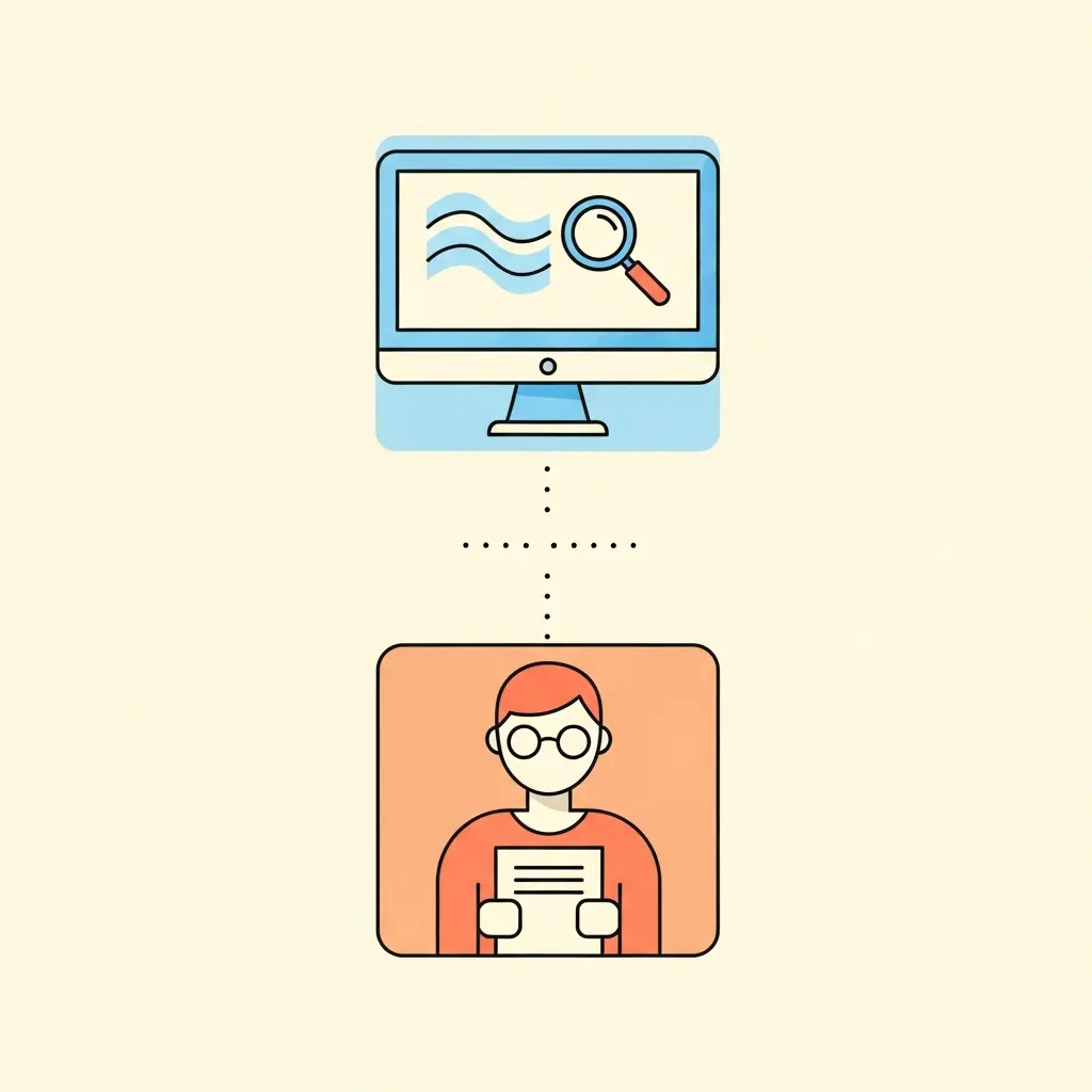 Ilustración que muestra la doble capa de detección: herramientas tecnológicas arriba y evaluación humana del profesor abajo, conectadas por líneas punteadas