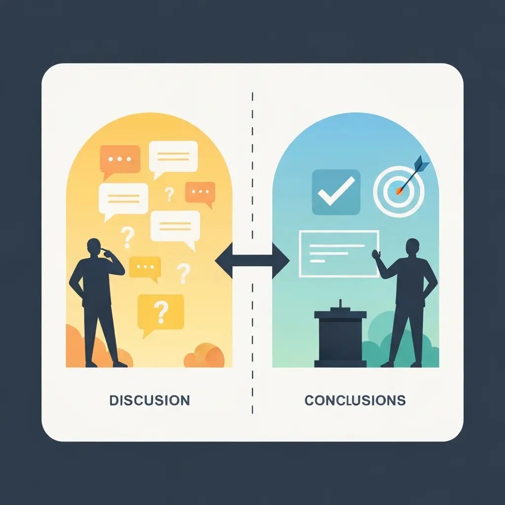 Ilustración que muestra la diferencia entre discusión y conclusiones: un lado con signos de interrogación representando análisis, y otro con un checkmark representando afirmaciones definitivas
