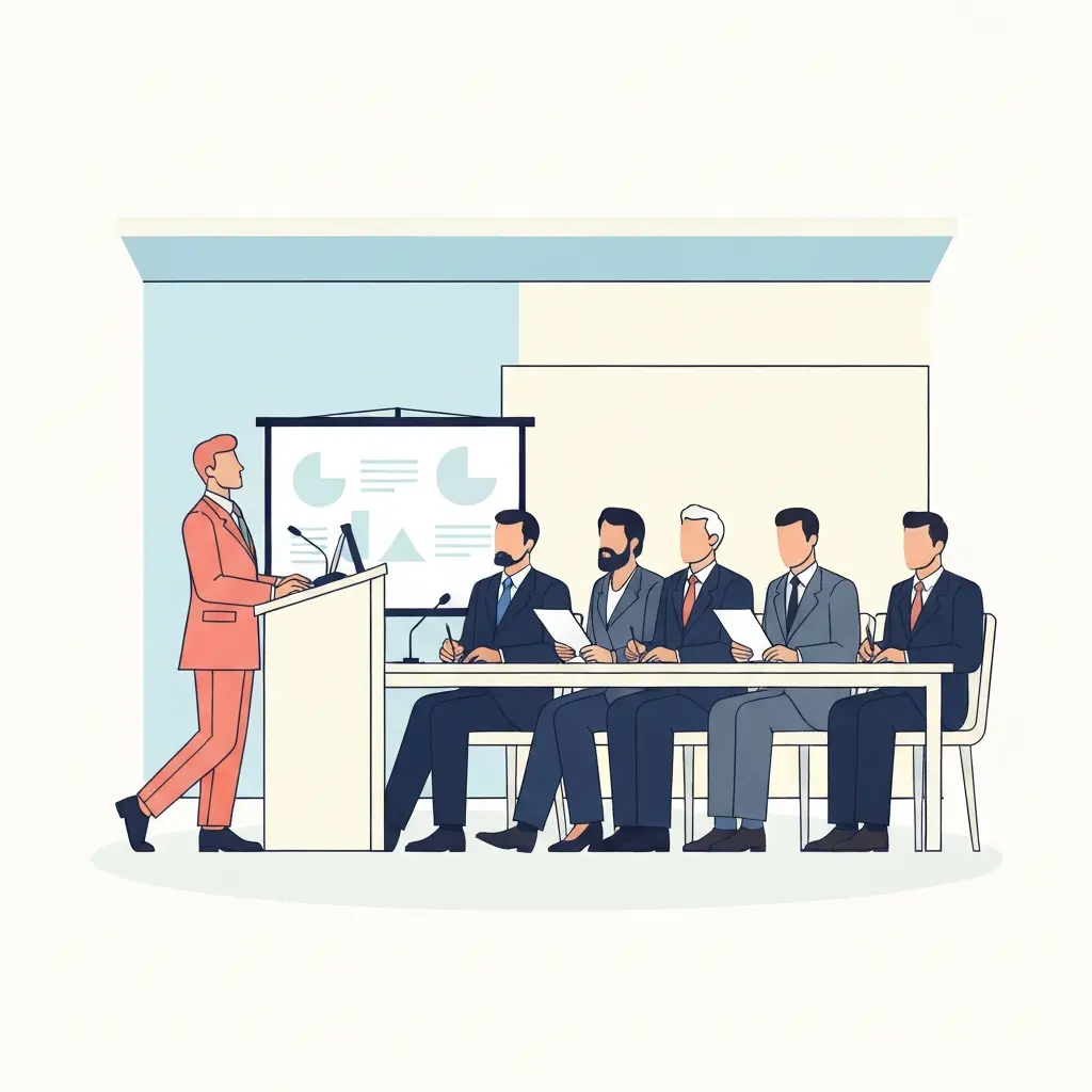 Escena de defensa doctoral con candidato frente al tribunal de cinco miembros en ambiente académico moderno