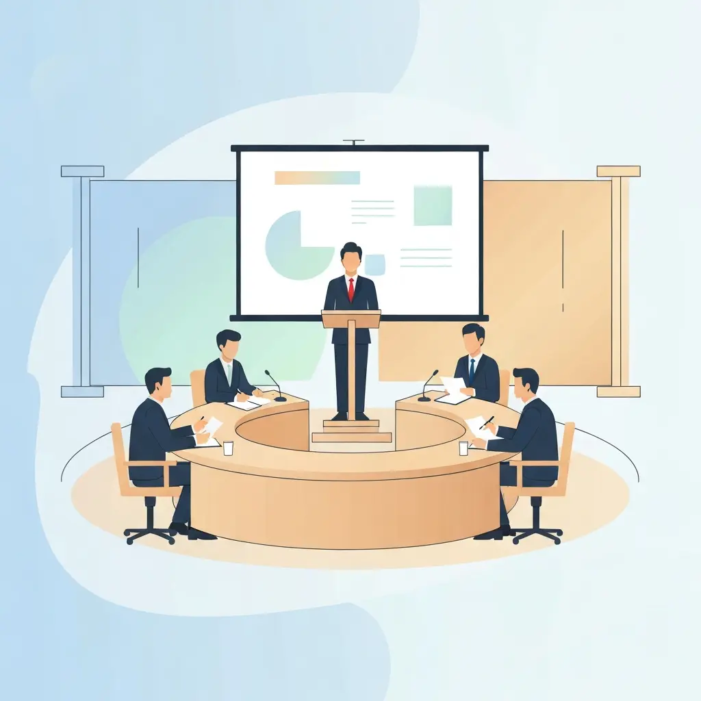 Escena de defensa de tesis doctoral con candidato frente al tribunal evaluador