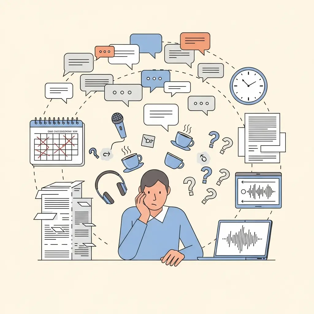 Ilustración del caos real de las entrevistas doctorales: cancelaciones, transcripciones y falta de tiempo