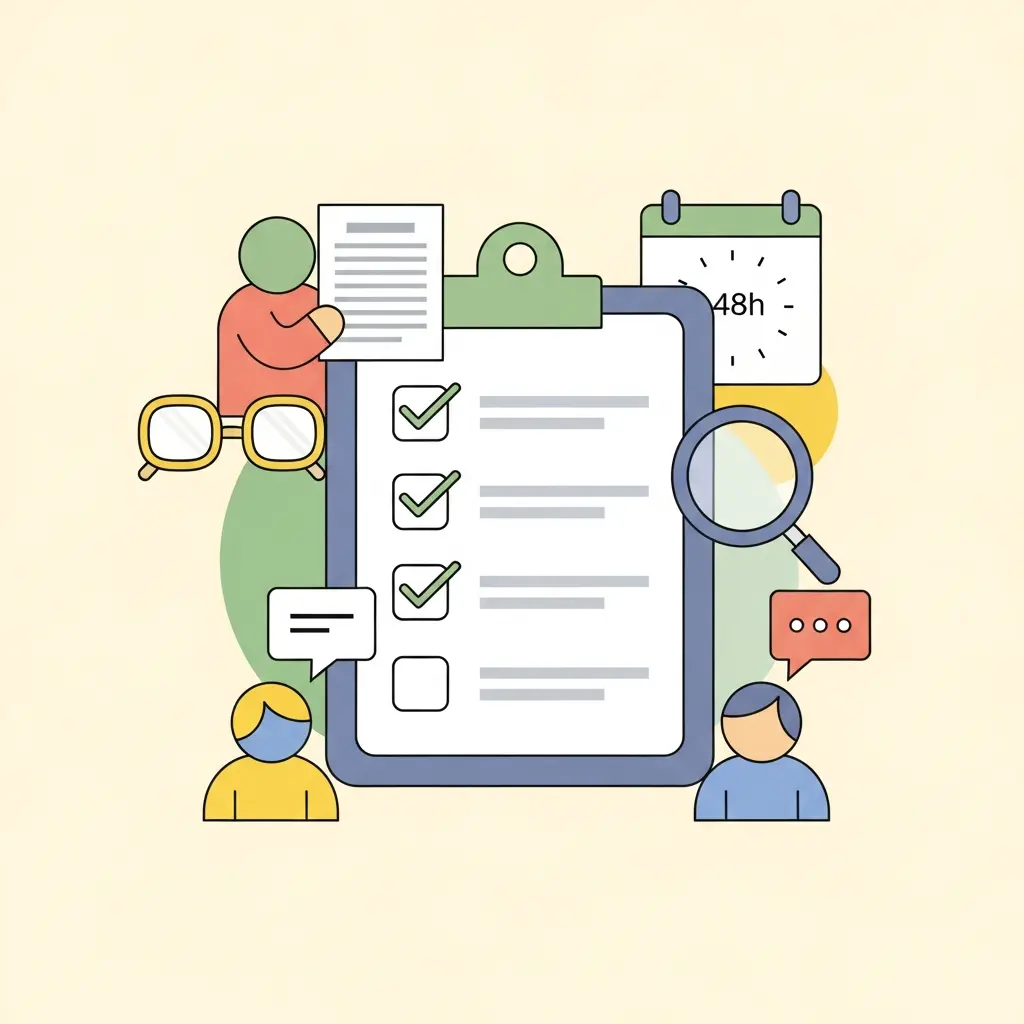 Ilustración del proceso de revisión de un resumen de tesis con checklist y múltiples revisores