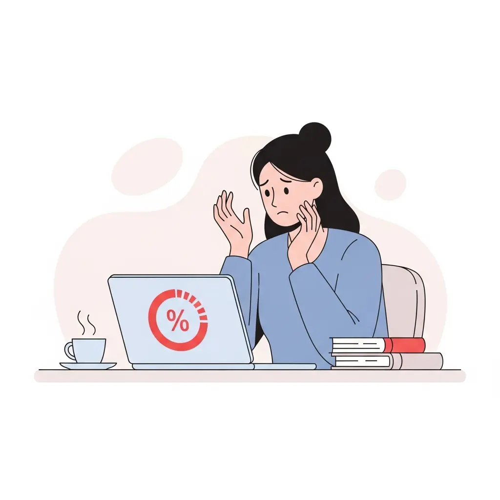 Doctorando mirando con ansiedad los resultados del detector de plagio en su portátil