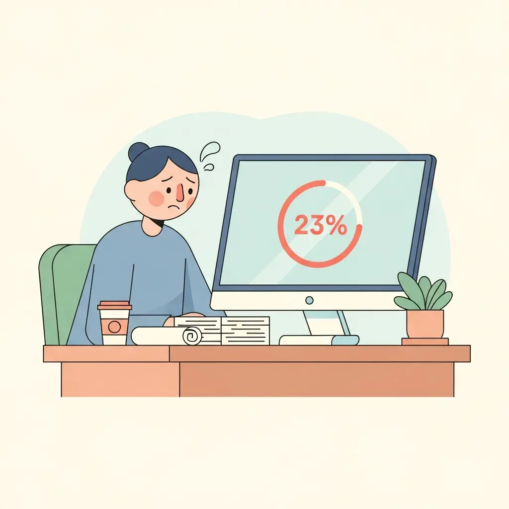Doctorando mirando con preocupación el porcentaje de IA en su pantalla