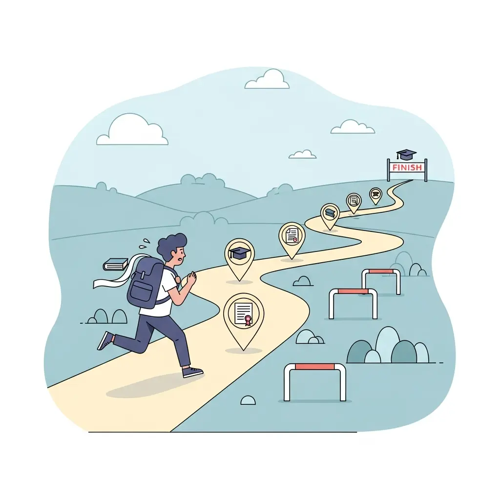 Ilustración de un estudiante doctoral corriendo un maratón académico con obstáculos y metas