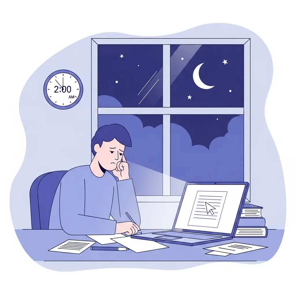 Estudiante de doctorado trabajando de madrugada frente al ordenador, reflejando la soledad y presión del trabajo académico