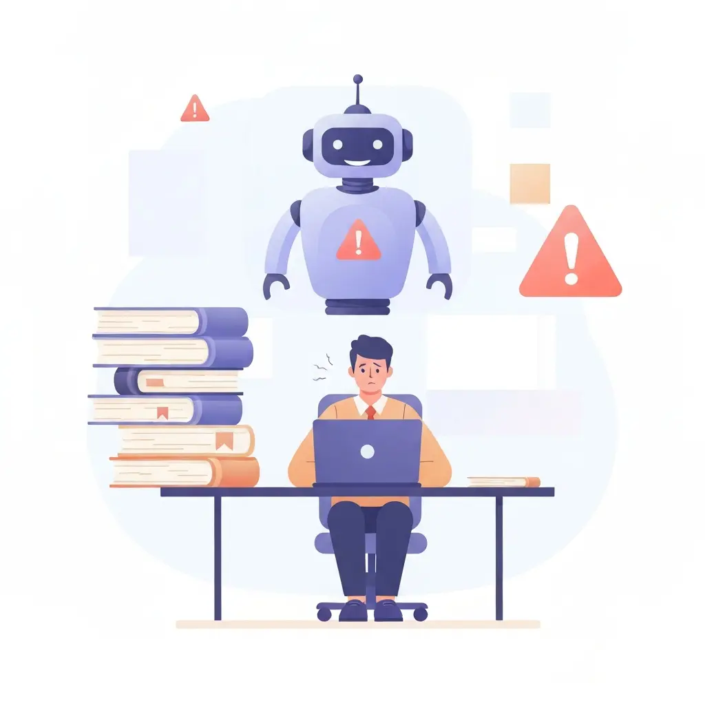Estudiante doctoral preocupado frente a su portátil con un símbolo de advertencia sobre IA
