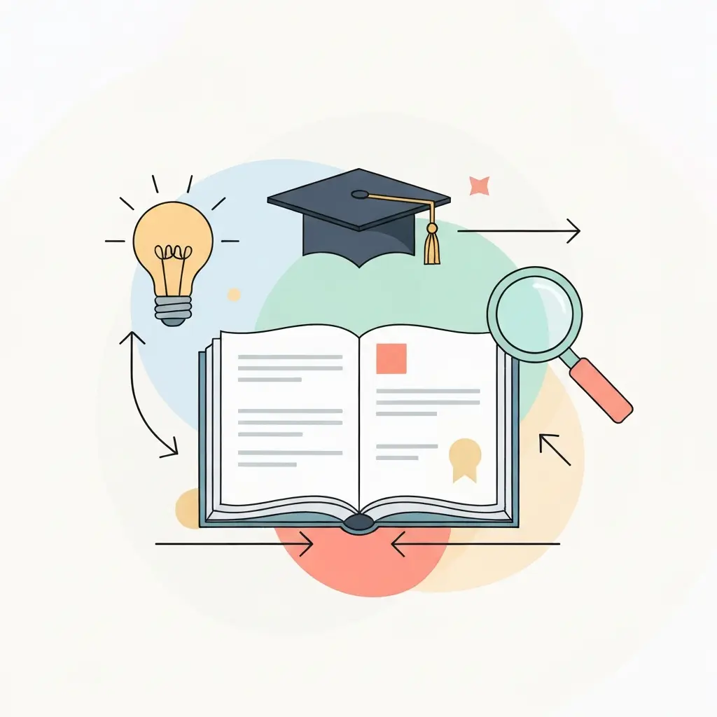 Ilustración de un libro abierto con el capítulo final destacado, rodeado de símbolos de contribución original, análisis crítico y logro doctoral