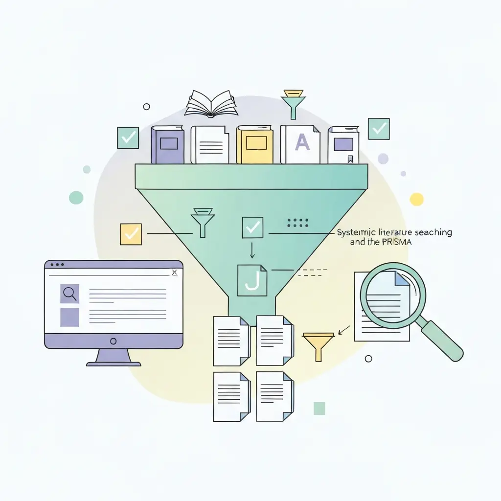 Ilustración de un doctorando revisando su tesis con marcas de corrección, rodeado de libros y papeles académicos