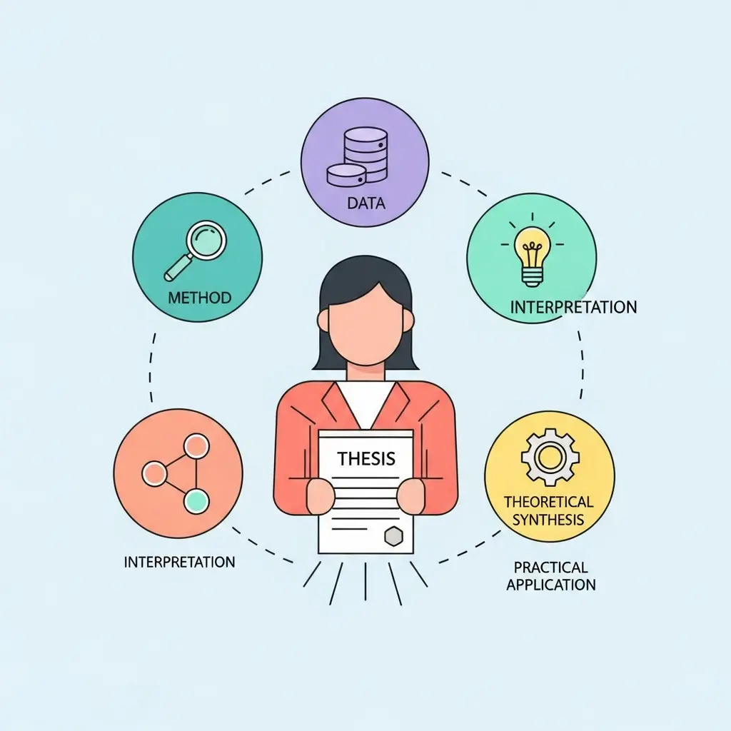 Representación visual de las cinco dimensiones de originalidad doctoral: método, datos, interpretación, síntesis teórica y aplicación práctica