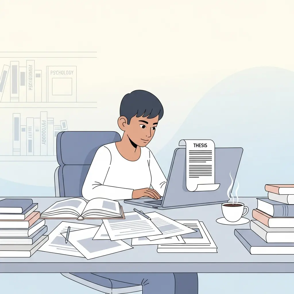 Estudiante de psicología trabajando en su tesis doctoral frente al ordenador