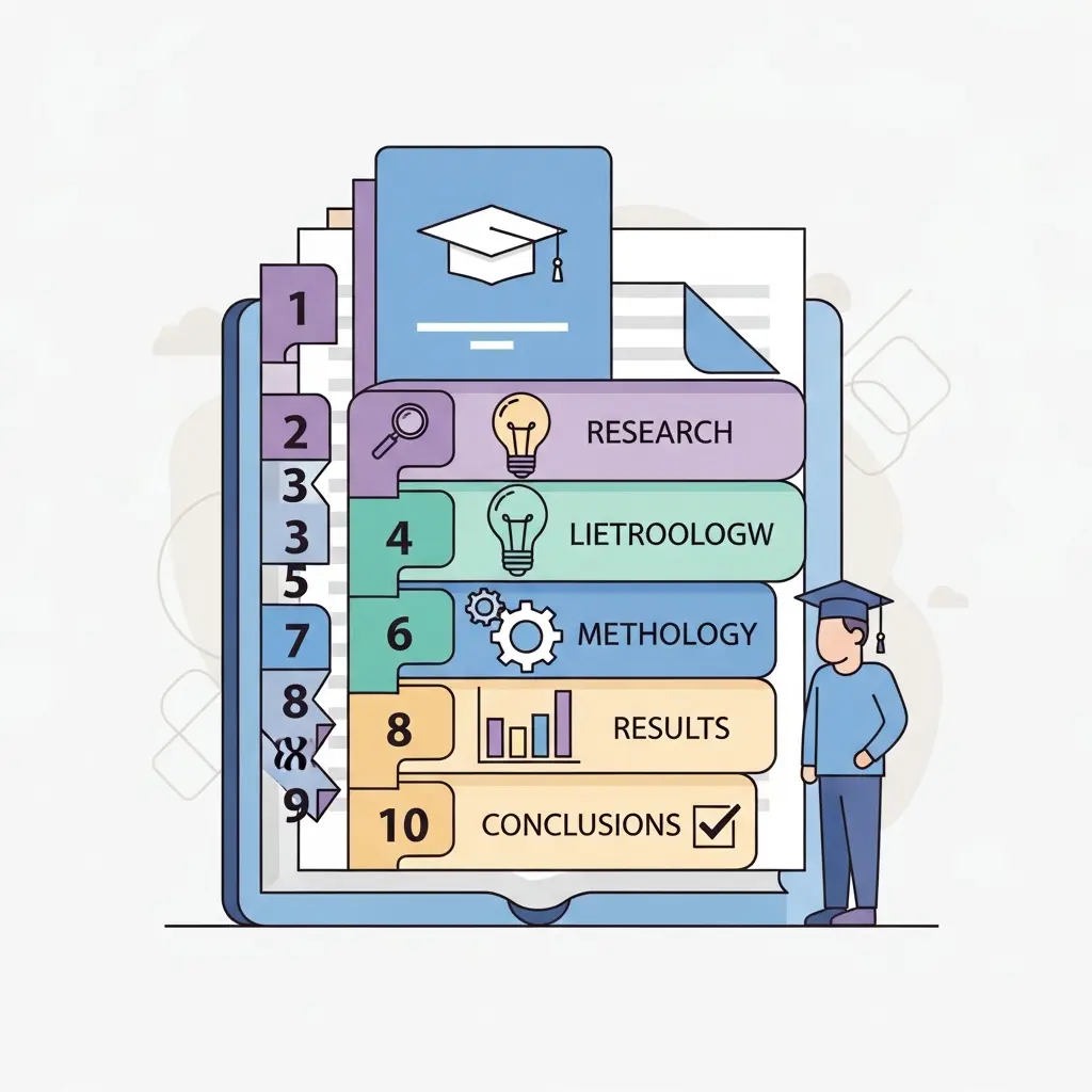 Ilustración que muestra la estructura de una tesis doctoral como bloques apilados numerados del 1 al 10, con iconos representando cada capítulo