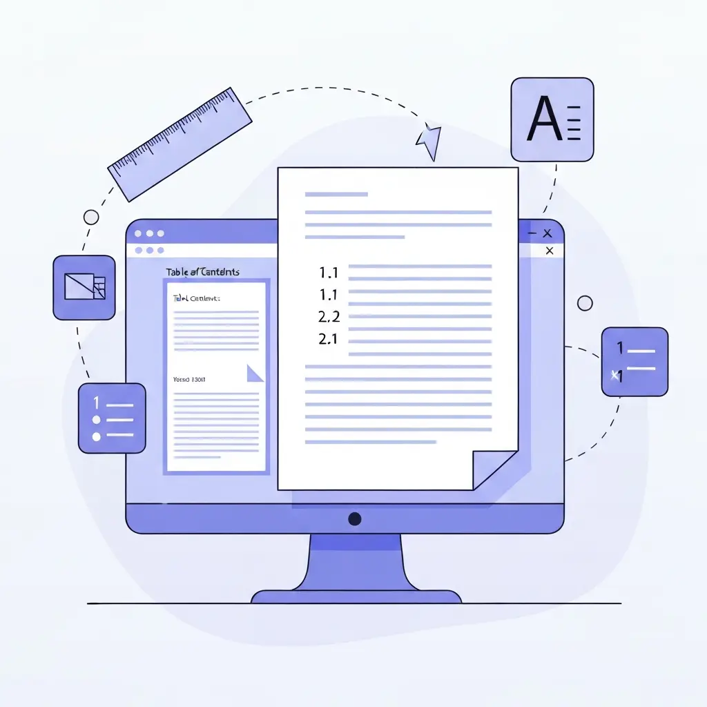 Ilustración de un documento de tesis doctoral siendo formateado en un procesador de textos con herramientas de formato flotando alrededor