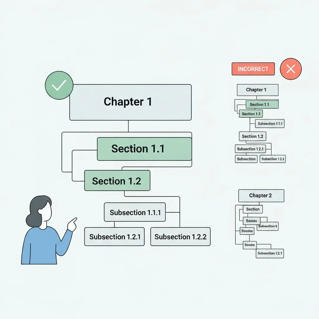 Diagrama mostrando la estructura correcta de jerarquía de títulos: Capítulo, Sección y Subsección