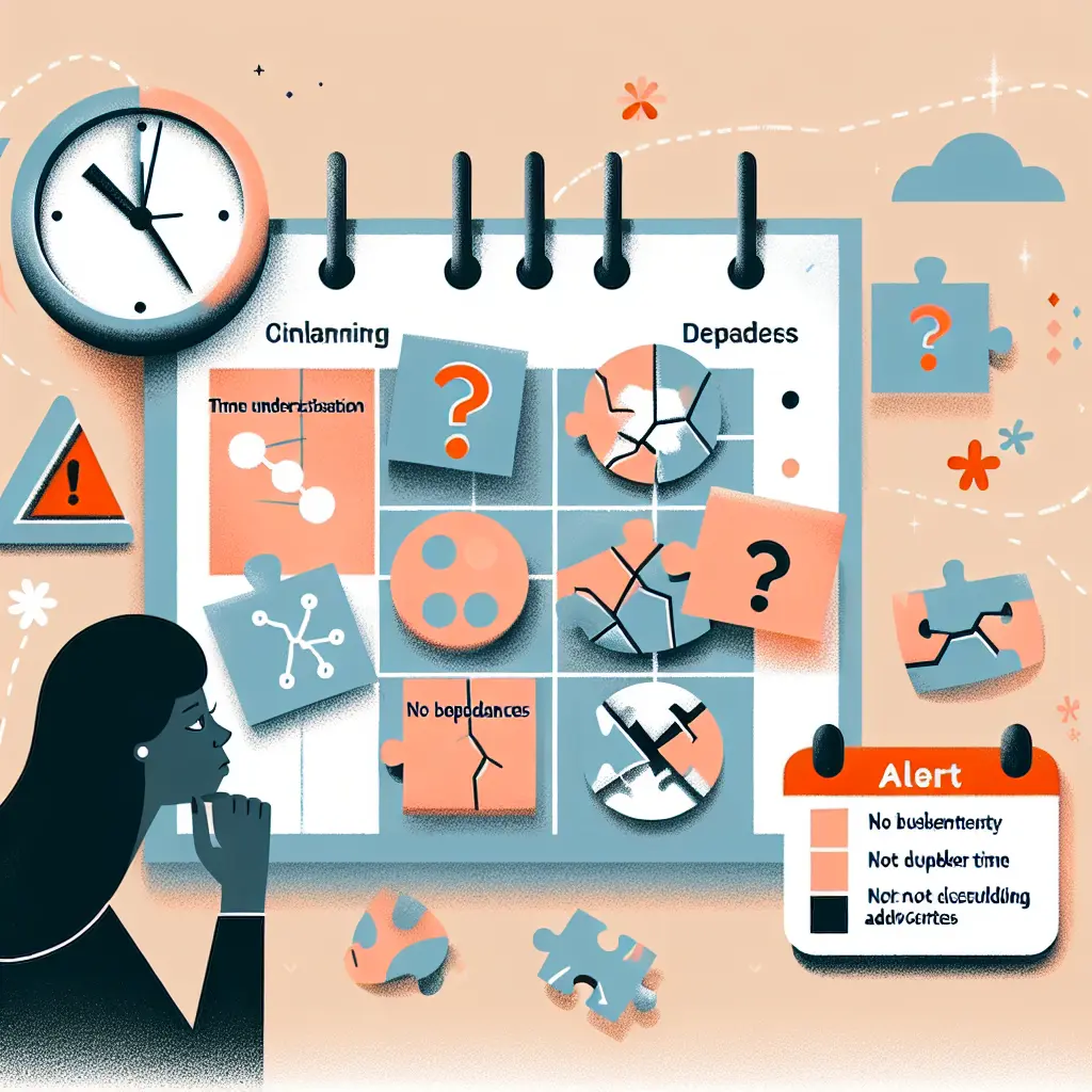 Ilustración de errores comunes en la planificación de un TFG con iconos de alerta