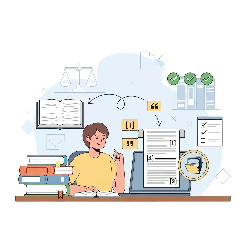 Estudiante de Derecho trabajando con materiales organizados y sistema de citación correcta
