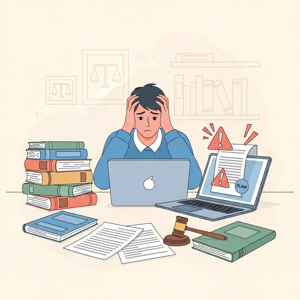 Estudiante de Derecho preocupado mirando alertas de plagio en su pantalla