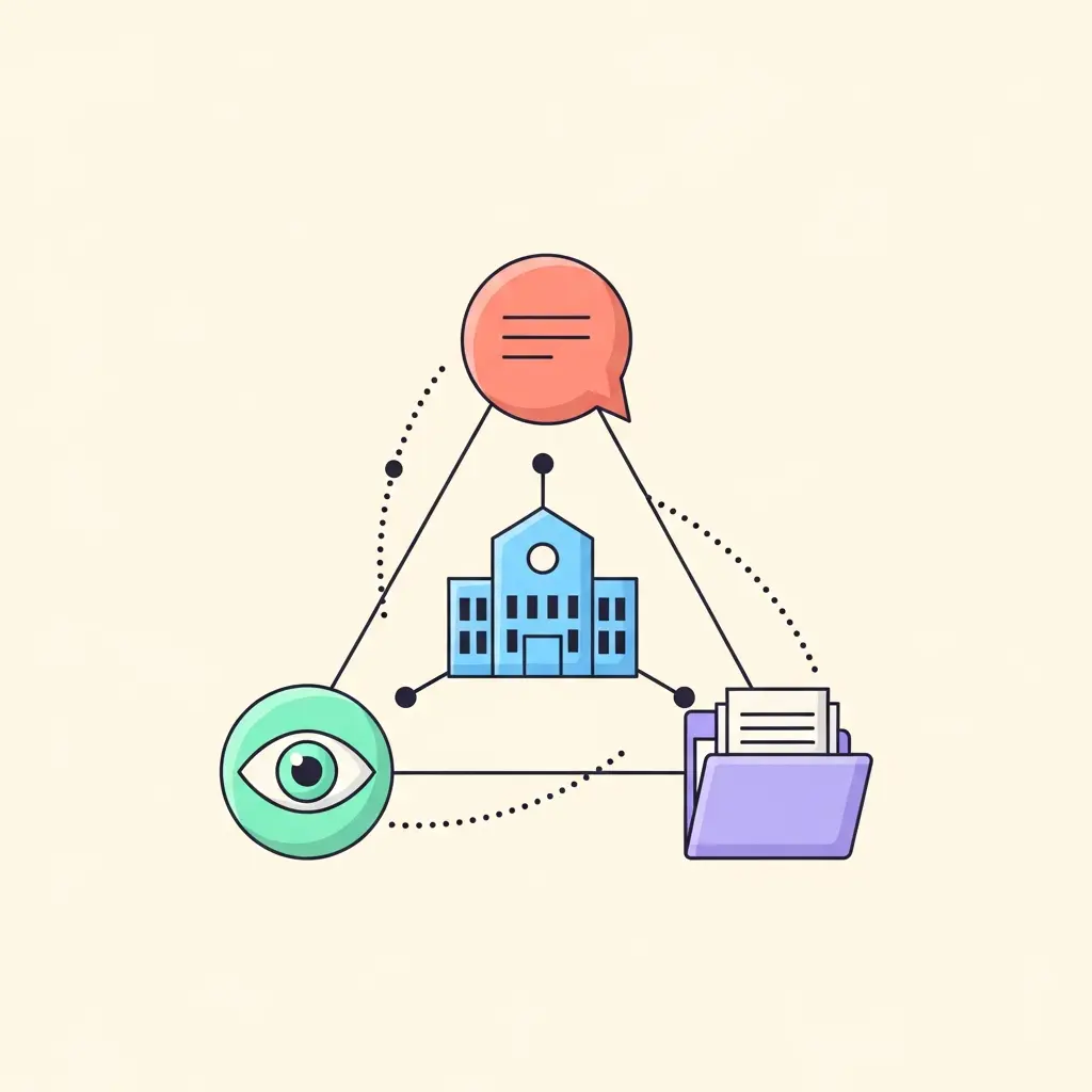 Ilustración del concepto de triangulación en estudios de caso: entrevistas, observación y análisis documental conectados