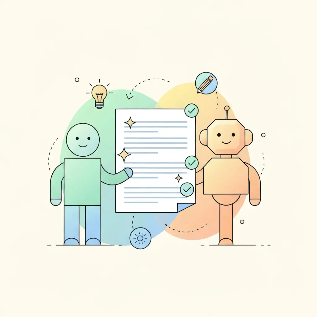 Ilustración de colaboración entre humano y asistente de IA trabajando juntos en un documento