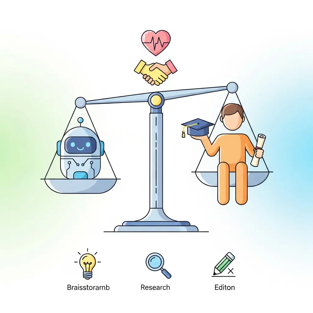Balanza en equilibrio representando la colaboración ética entre inteligencia humana y artificial en el trabajo académico