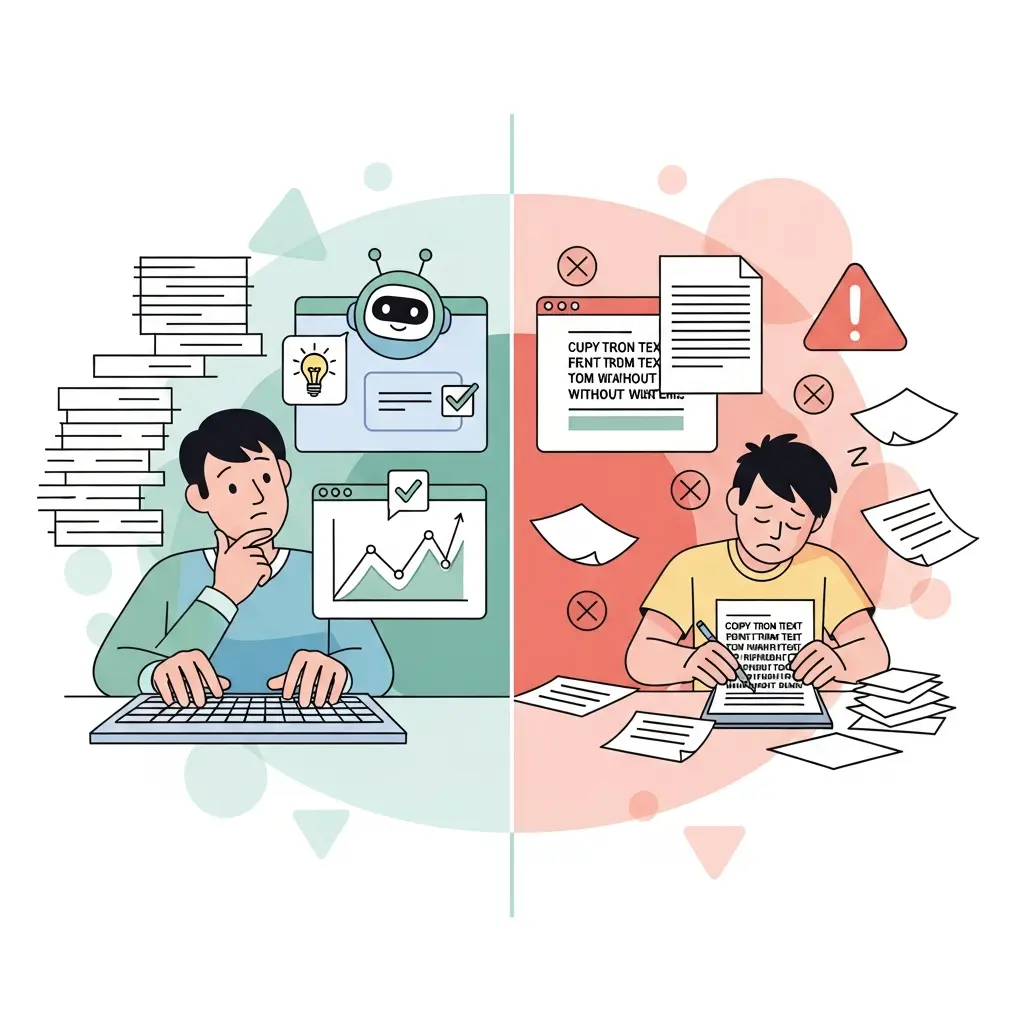 Comparación visual entre uso ético de IA donde el estudiante mantiene el control y uso poco ético donde copia pasivamente