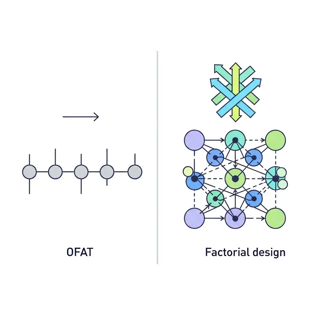 Comparación visual entre enfoque OFAT y diseño factorial mostrando la detección de interacciones