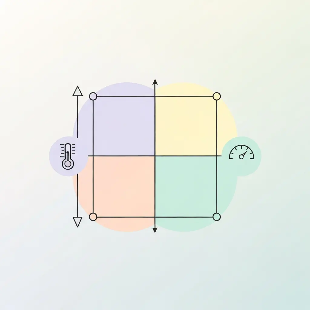 Diagrama de diseño factorial 2x2 mostrando las cuatro combinaciones de factores experimentales
