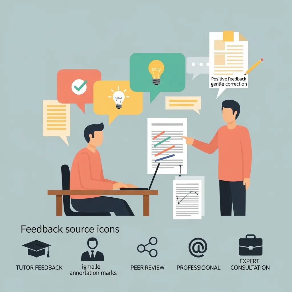 Ilustración de feedback académico y colaboración en la redacción de tesis con figuras intercambiando comentarios constructivos