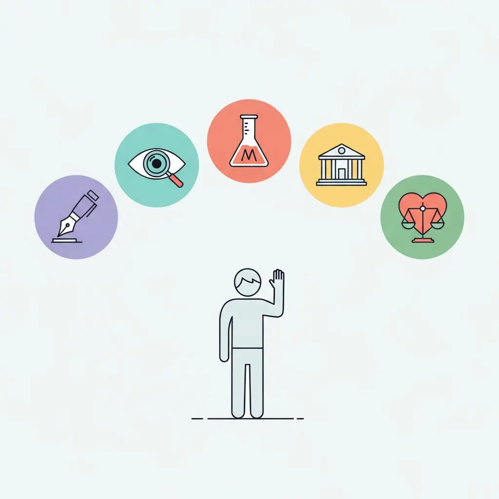 Cinco iconos representando los límites de autoría, transparencia, metodología, institucional y ética