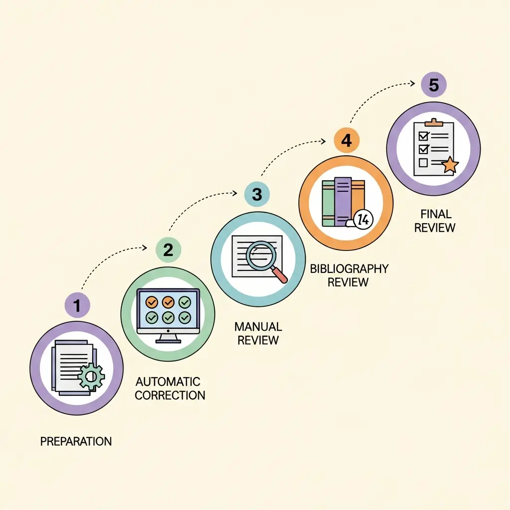 Diagrama del método de 5 fases para corrección de tesis: preparación, corrección automática, revisión manual, bibliografía y revisión final