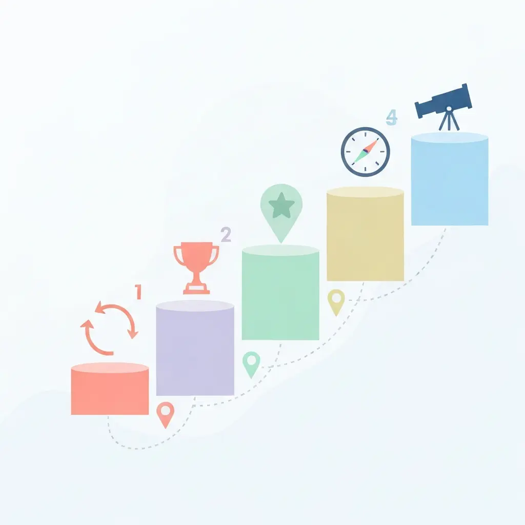 Ilustración de cinco pasos ascendentes representando las movidas retóricas: recapitulación, consolidación, posicionamiento, limitaciones y proyección futura