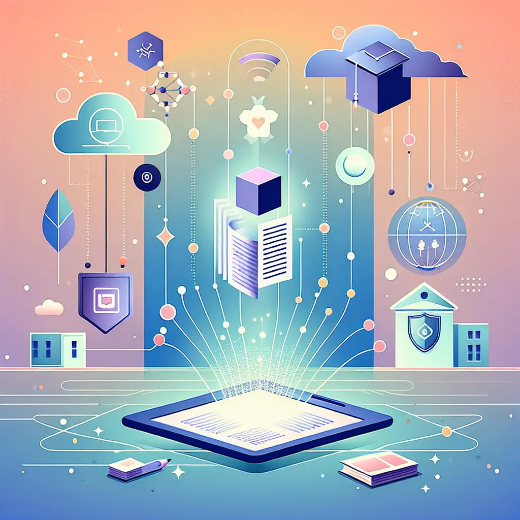 Visión futurista de la tecnología académica con dispositivos conectados, símbolos de colaboración en la nube y redes de IA