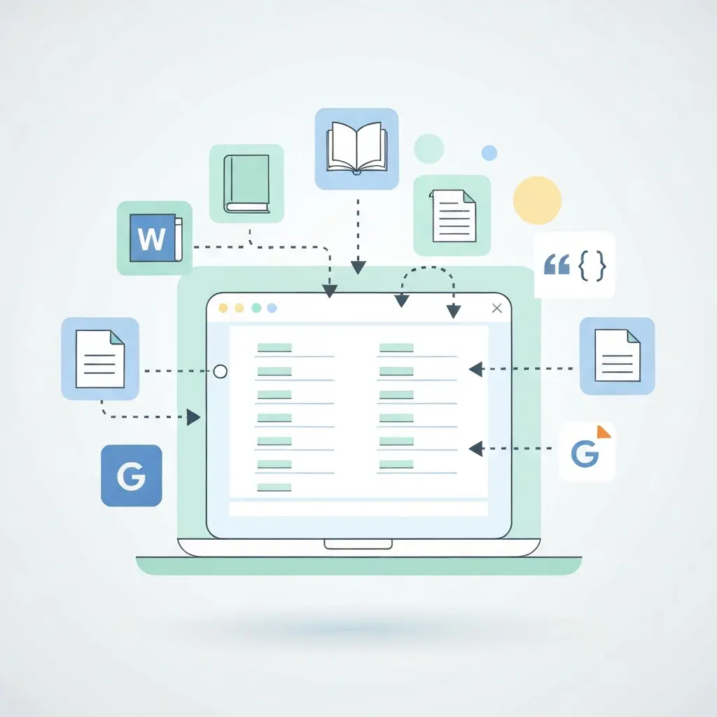 Ilustración conceptual de un gestor de referencias bibliográficas mostrando la captura automática de fuentes hacia una biblioteca digital organizada